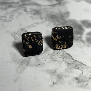 Handcrafted Square Black With Gold Flakes Hypoallergenic Post Stud Earrings NWOT